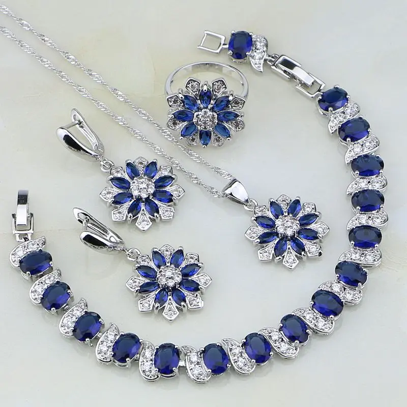 

Flower Shaped 925 Silver Blue CZ Jewelry White Zircon Jewelry Sets For Women Wedding Earring/Pendant/Necklace/Bracelet/Ring
