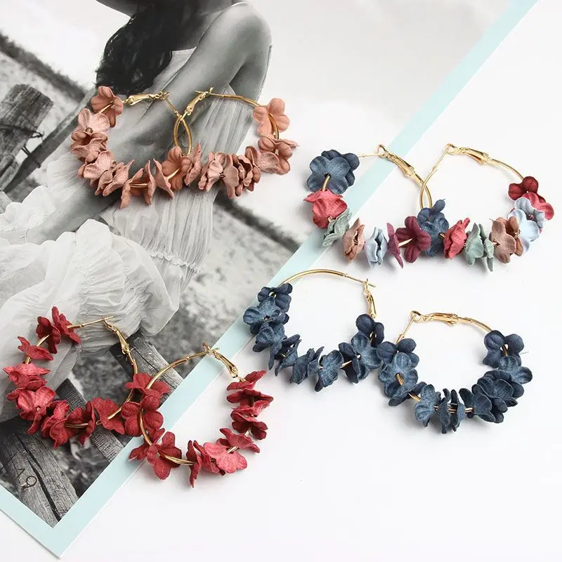 Модная цветочная ткань лепесток серьги-кольца для женщин Bijoux элегантный сплав Круглый круглый серьги Шарм Золотой Цвет Brincos