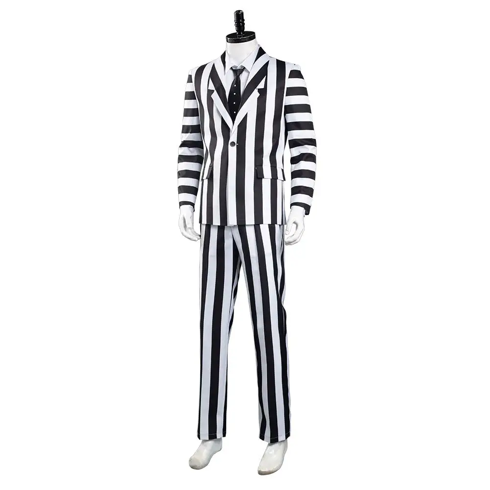 Аниме Beetlejuice Адам косплей костюм для мужчин Черный и белый в полоску пиджак