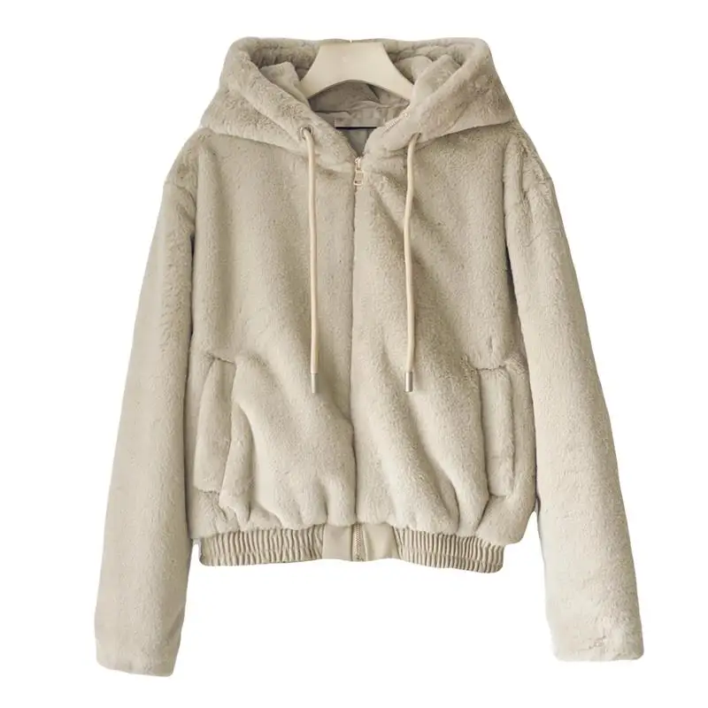 

ZXQJ Women 2021 Fashion Faux Fur Hooded Warm Jacket Vintage Long Sleeve Side Pocket Hem Elastic Outerwear Female Chic Tops