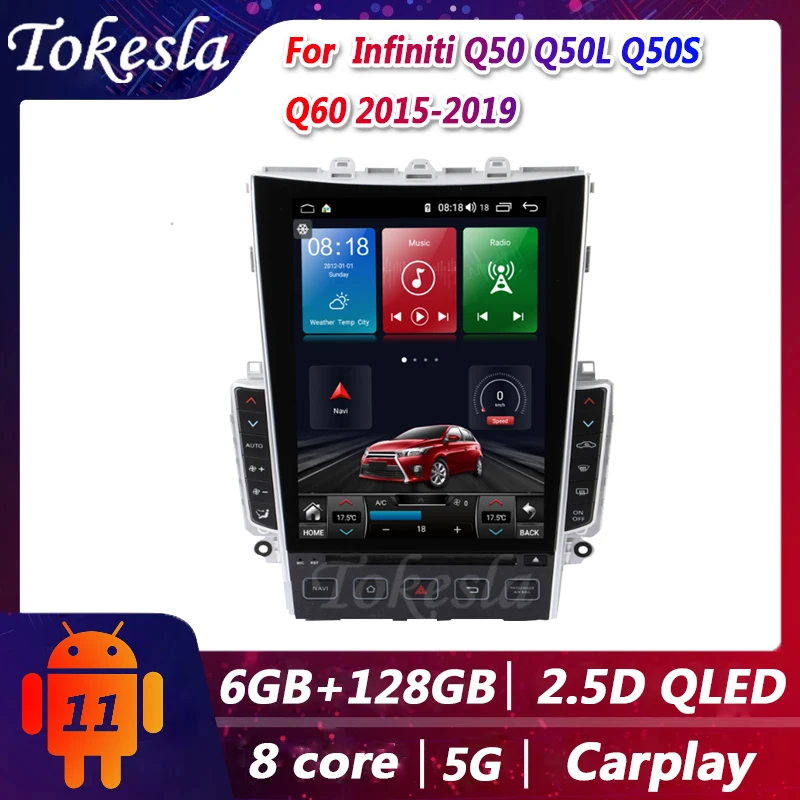Tokesla-reproductor Multimedia Tesla para coche, Radio con Gps, Android, vídeo, DVD, 5G, 2015-2019, para Infiniti Q50, Q50L, Q50S, Q60