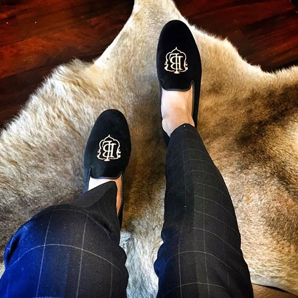Piergitar new style fashion men loafers with LB letters gold embroidery handmade velvet shoes party and wedding men's flat | Обувь