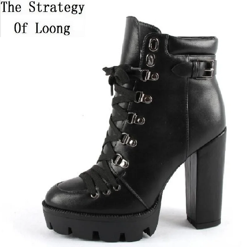 Женские ботильоны на платформе короткие ботинки шнуровке с металлическим