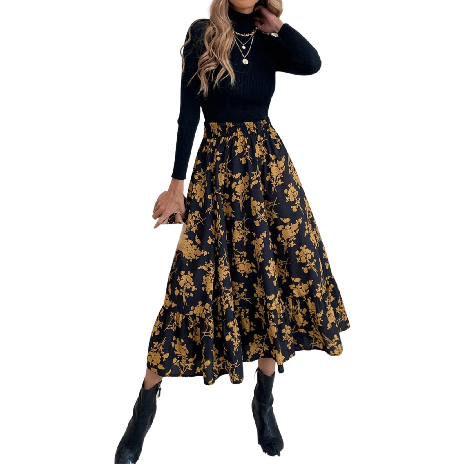 

Female Midi Skirt Adults Leopard/ Flower Print High Waist Ruffle Skirt Summer Dress for Women S/M/L/XL