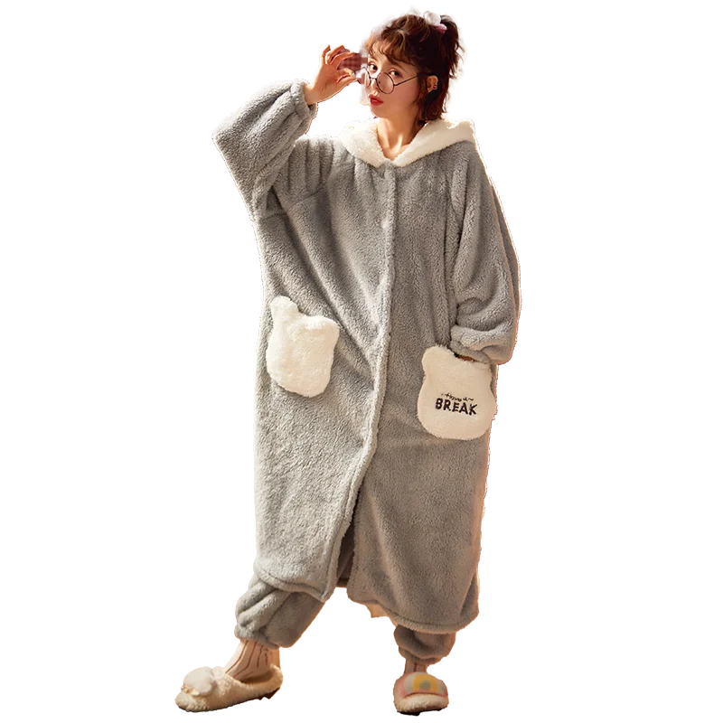 Women Sleepwear Medium Style Plus Size Winter Pajamas Set Loose Version Keep Warm Intensification Pyjamas Plush Nightgown Hooded