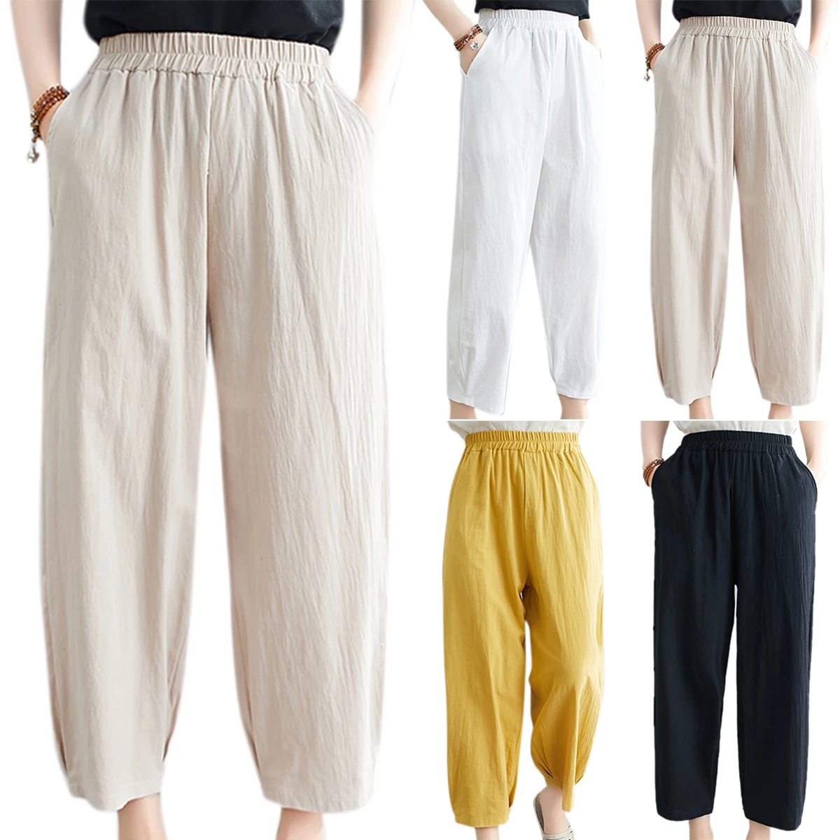 

VICABO Solid Color Casual Women Pants Pleated Ankle-Length Lantern Pants Elastic High Waist Pockets Casual Loose Ladies Trouser