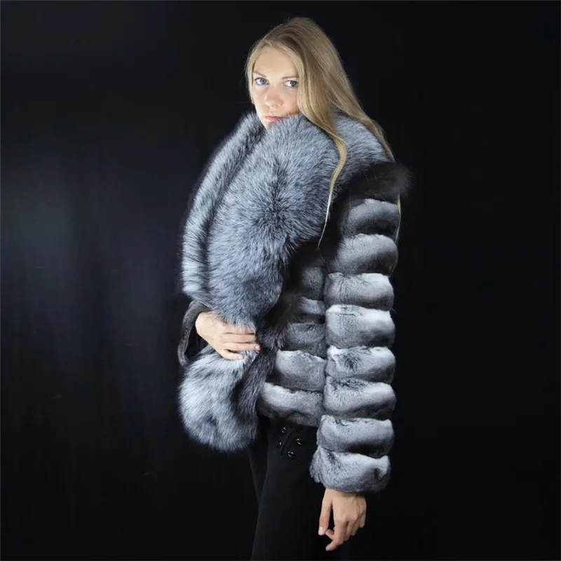 Winter Coat Women Real Chinchilla Rex Rabbit Fur Jacket With Big Silver Fox Fur Collar Natural Pelt Genuine Rex Rabbit Fur Coats enlarge