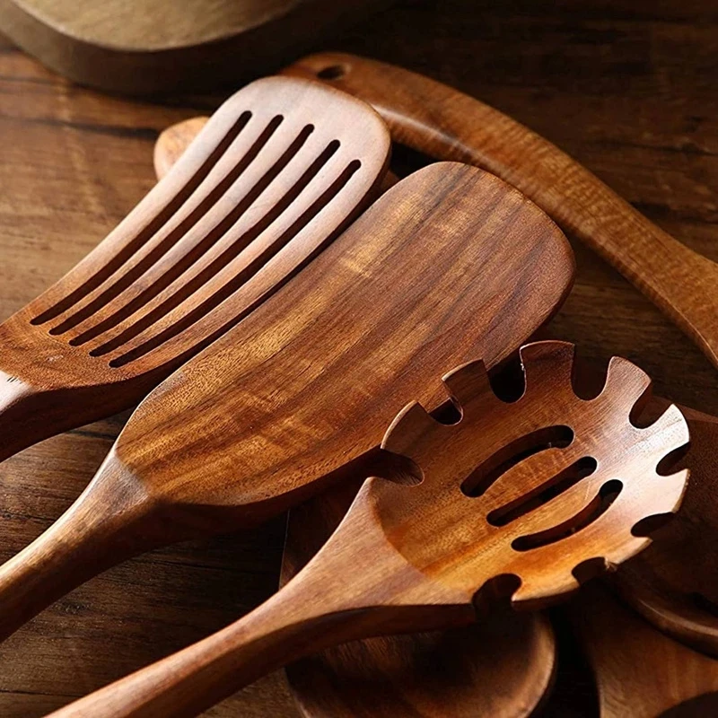 Thailand Teak Natural Wood Tableware Spoon Ladle Turner Long Rice Colander Soup Skimmer Cooking Spoons Scoop Kitchen Tool Set | Дом и сад