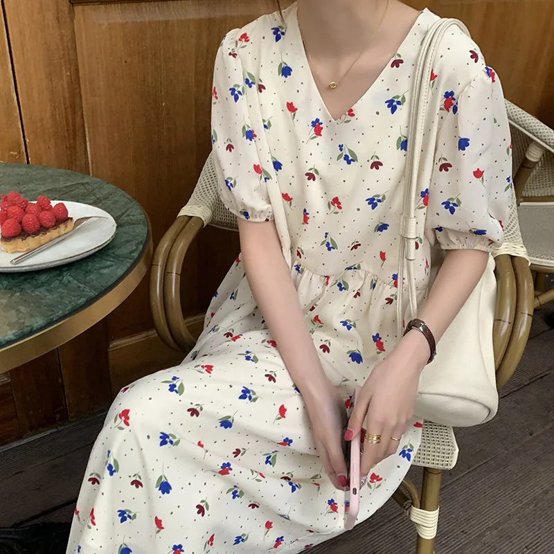 

Elegant Summer White Women V Neck Floral Printed Loose Waist A Line Puff Short Sleeve Midi Dress Ladies Holiday Casual Clothing