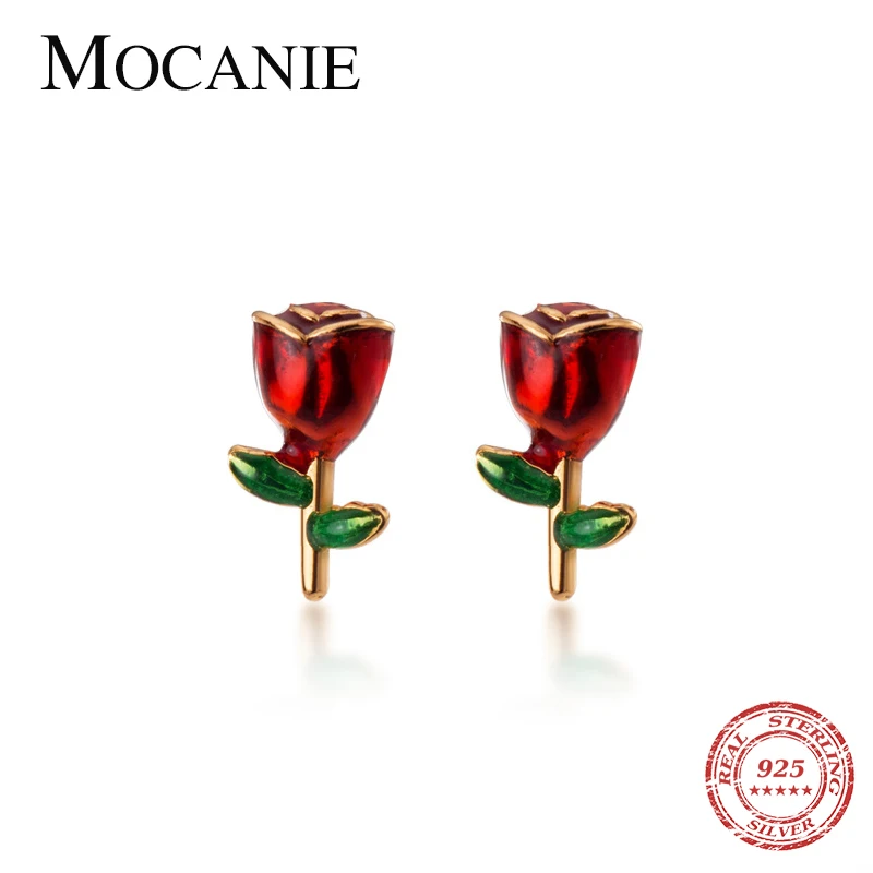 

Mocanie Fashion 925 Sterling Silver Sweet Romantic Rose Flower Tiny Stud Earring for Women Simple Plant Ear Pin Fine Jewelry