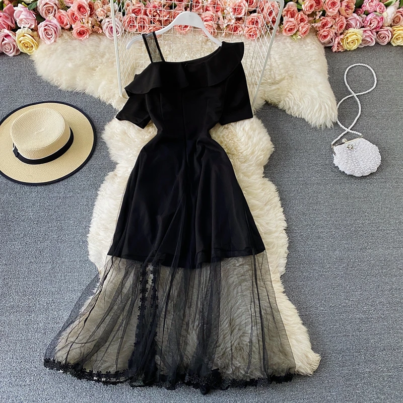 

Vintage Black Mesh Patchwork Party Long Dress Women Sexy Slash Neck One-Shoulder Short Sleeve High Waist Vestidos Spring Summer