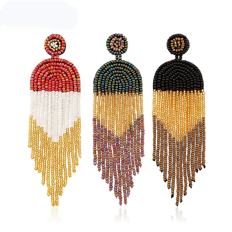 Женские винтажные серьги с бусинами и кисточками длинные висячие в стиле бохо