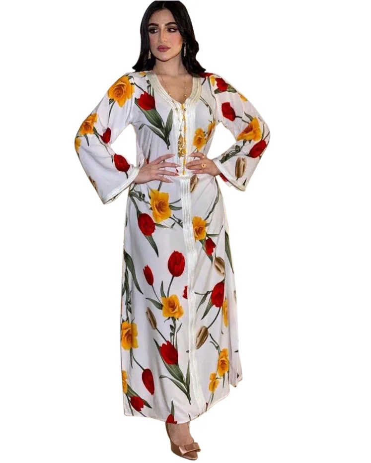 

Muslim Print Long Floral Turkish Dress Abaya Dubai Muslim