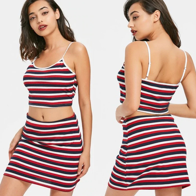 

Модный женский комплект в полоску; Короткий топ без рукавов; Майка для похудения + юбка в стиле хип-хоп; Повседневная летняя одежда; Комплект ...