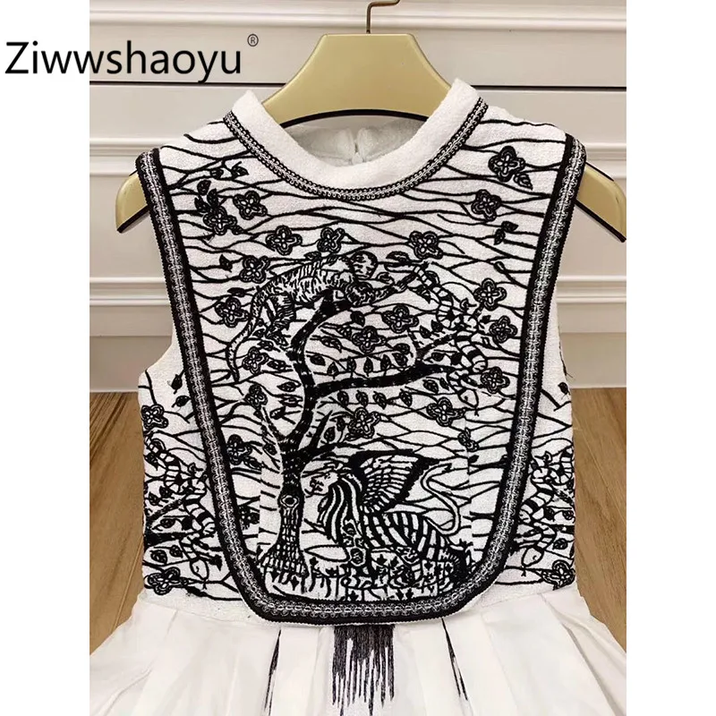Ziwwshaoyu модное осенне-зимнее хлопковое платье с вышивкой животных Женское шерстяное платье с твидовым сетчатым подкладом мини-платья