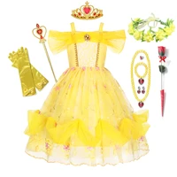 belle cosplay dress for girl kids floral ball gown child bella beauty and the beast princess costume fancy carnival party jyf