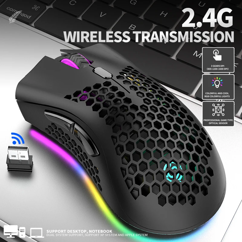 2020 новая 2 4 GHz беспроводная мышь полый 1600DPI USB перезаряжаемая сотовая RGB BM600