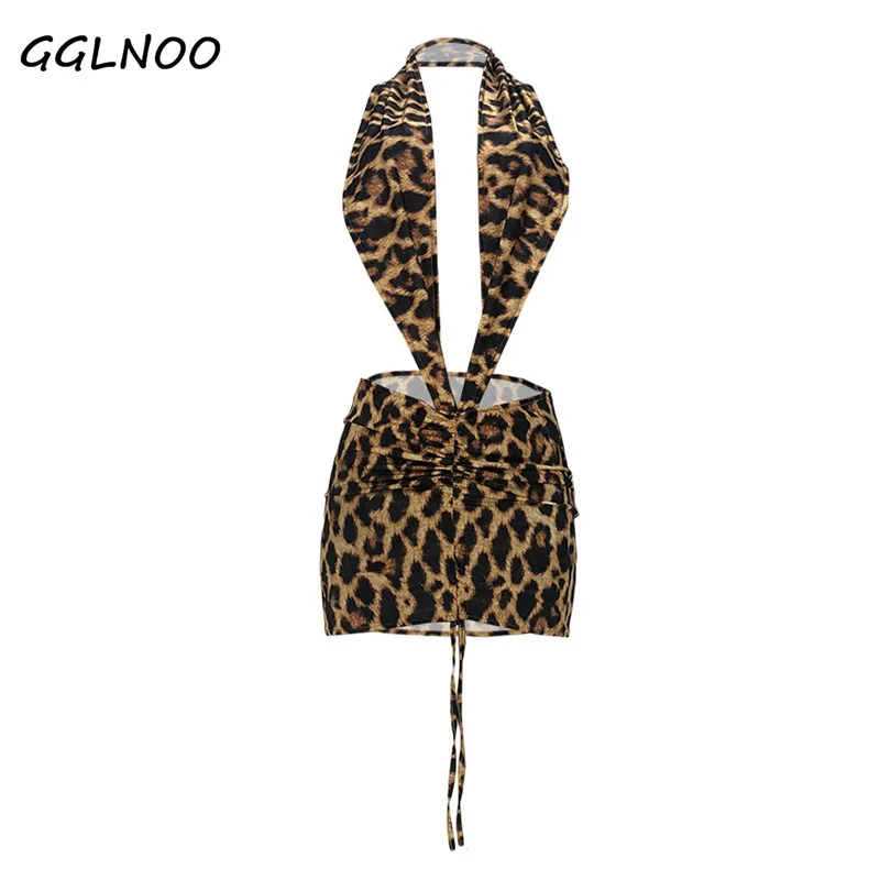 

GGLNOO Leopard Bodycon Mini Dress Sexy Party Club Birthday Outfits for Women Summer Vacation Clothes Backless Ruched Dresses