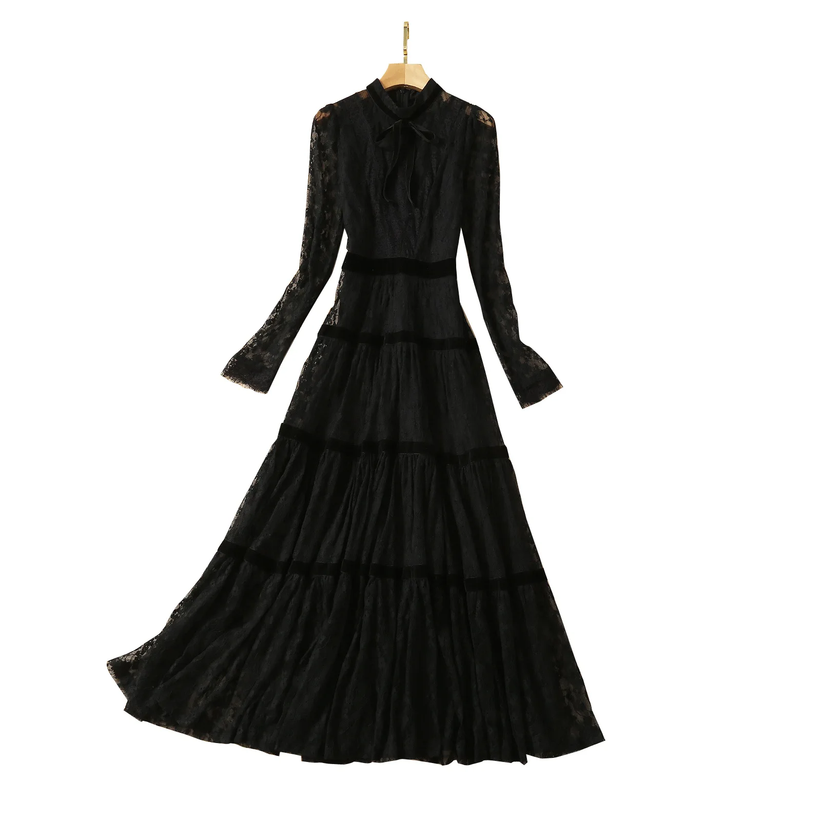 

Sexy Black Lace Long Party Dresses 2021 Spring High Quality Runway Designers Pleated Maxi Dresses for Women