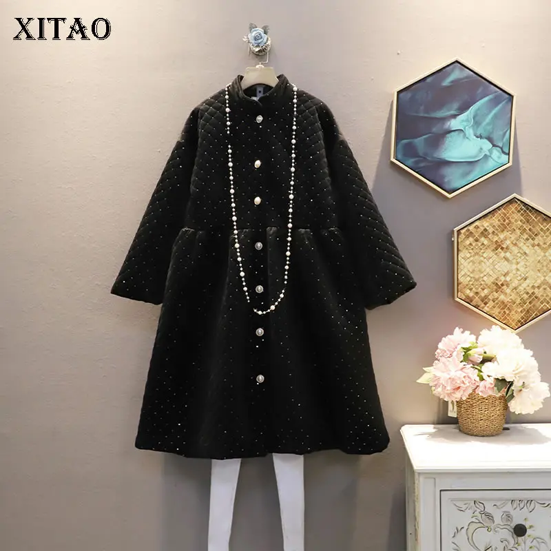 

XITAO Winter New Dress 2021 Fashion Korea Temperament Solid Color Stand-up Single-breasted Collar Loose Large Size Women WMD4205