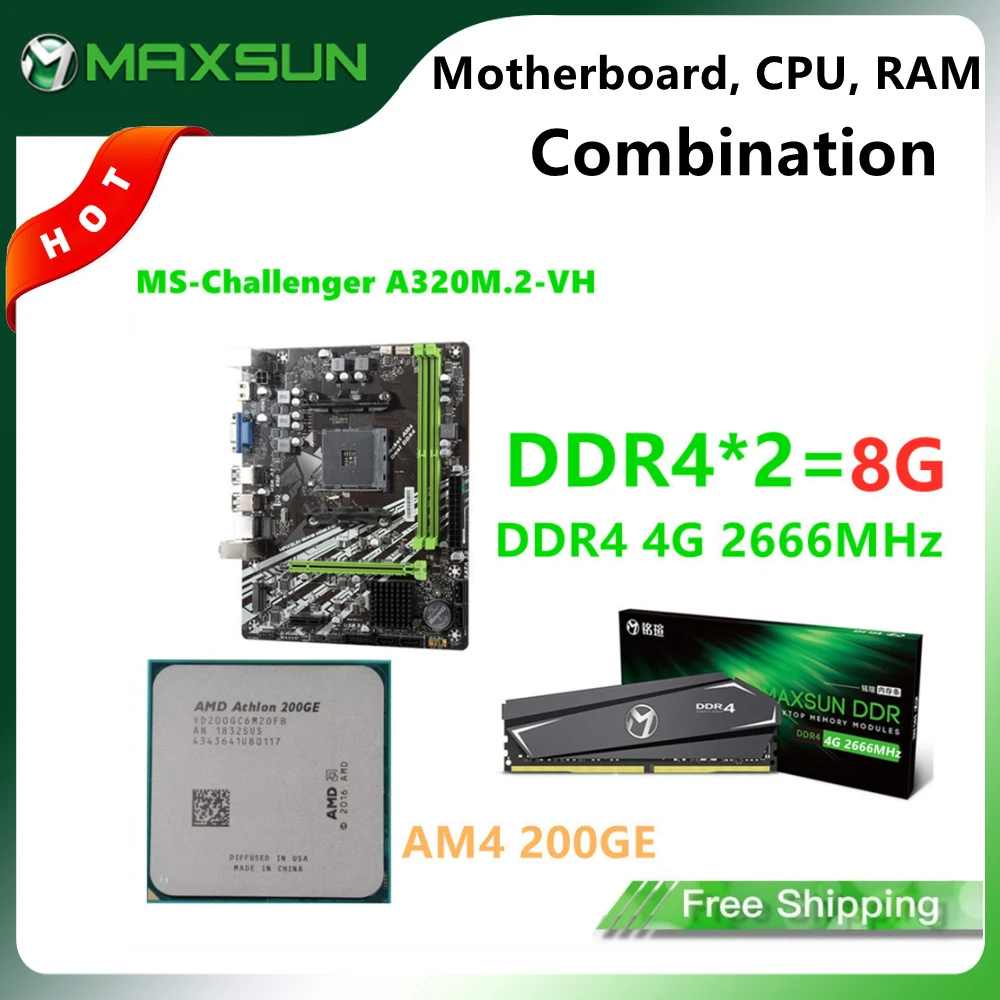 Verkaufen MAXSUN Volle Neue Motherboard Combo AM4 A320M.2-VH AMD DDR4 4G 2666MHz Speicher Slots Rams CPU AM4 200GE VGA Mainboard Für Desktop