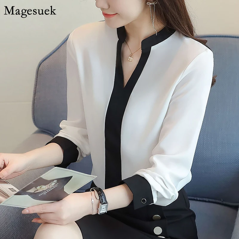 

Autumn New V-neck Long Sleeve Blouses Women Casual Loose White Chiffon Shirt Woman V Neck OL Style Tops Female Clothing 15787