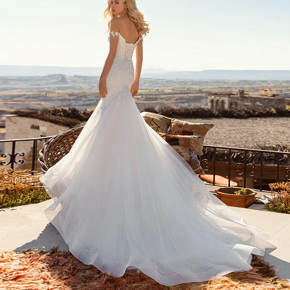 

Spring/Summer Bride Marriage Boho Mermaid Wedding Dress With Sleeves Off The Shoulder Lace Appliques Bridal Gowns Custom Made