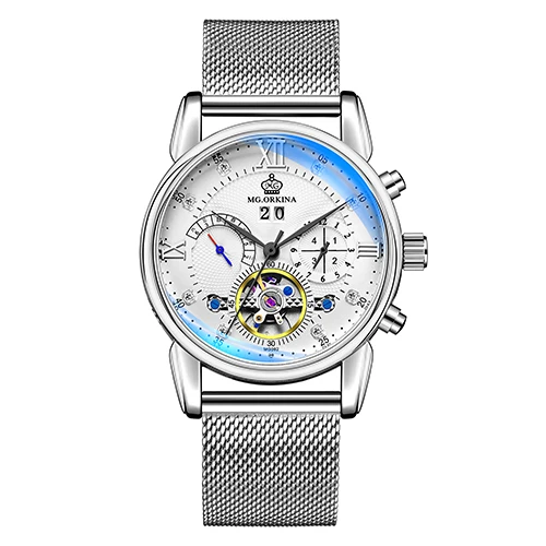 Silver white Бренд Orkina Tourbillon Мужские механические часы светящаяся Автоматическая Дата Натуральная кожа ремешок мужской платье часы механические стимпанк - Цвет: Silver white