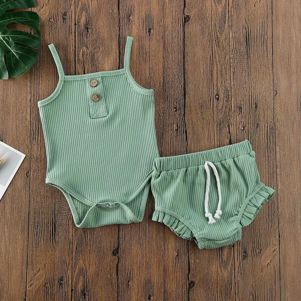 

Newborn Infant Baby Girl Strap Solid Romper Tops Shorts Pants Set Summer Outfits