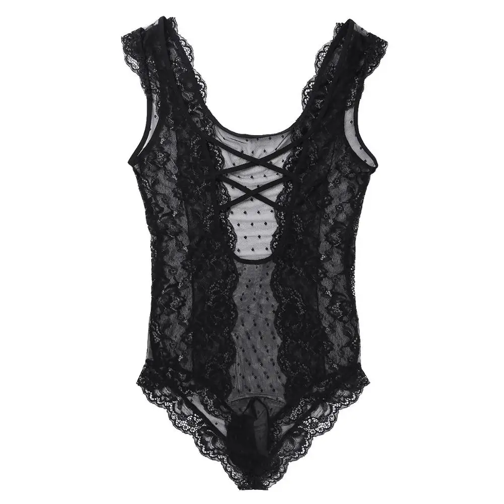 Черное мужское слитное кросс платье FEESHOW нижнее белье Прозрачное Кружевное боди