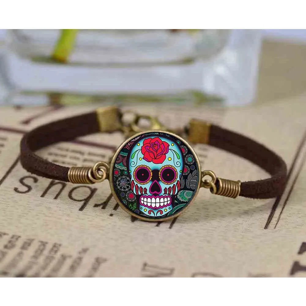 

Classic Mexican Sugar Skull bracelet Glass Crystal Skeleton bracelet steel Color Chain Long bracelet For Men Jewelry