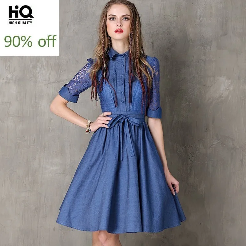 Винтаж выдалбливают вышивка женская Мода High Street Половина рукава Платье