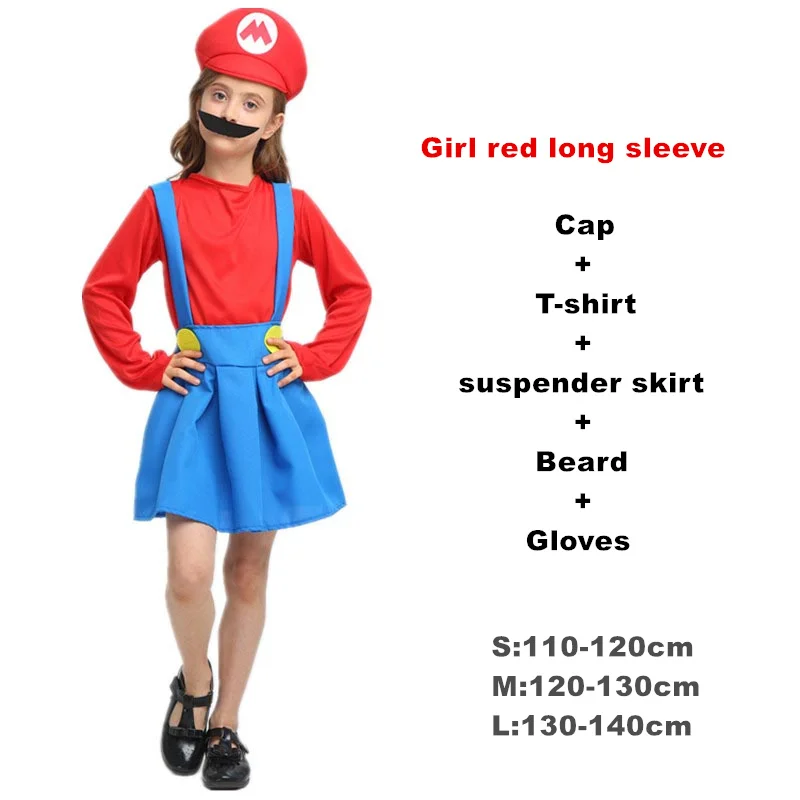 Girl red long Взрослый Хэллоуин Супер Марио Детский костюм косплей семья Funy Luigi Bros сантехник Пурим костюм нарядное платье Рождественские Вечерние - Цвет: Girl red long