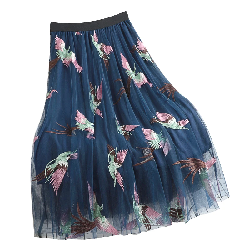 

Guilantu Spring Summr Mesh Embroidery Long Skirt Women Clothes Elastic High Waist Mid-calf Skirts Female Harajuku Tulle Skirt