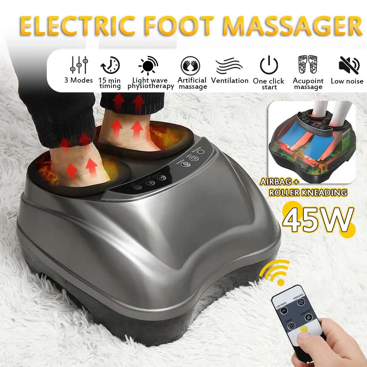 

Electric Foot Massager 3 Strength Shiatsu Kneading Rolling Calf Leg Massage Air Compression Infrared Heating Therapy 110/240V