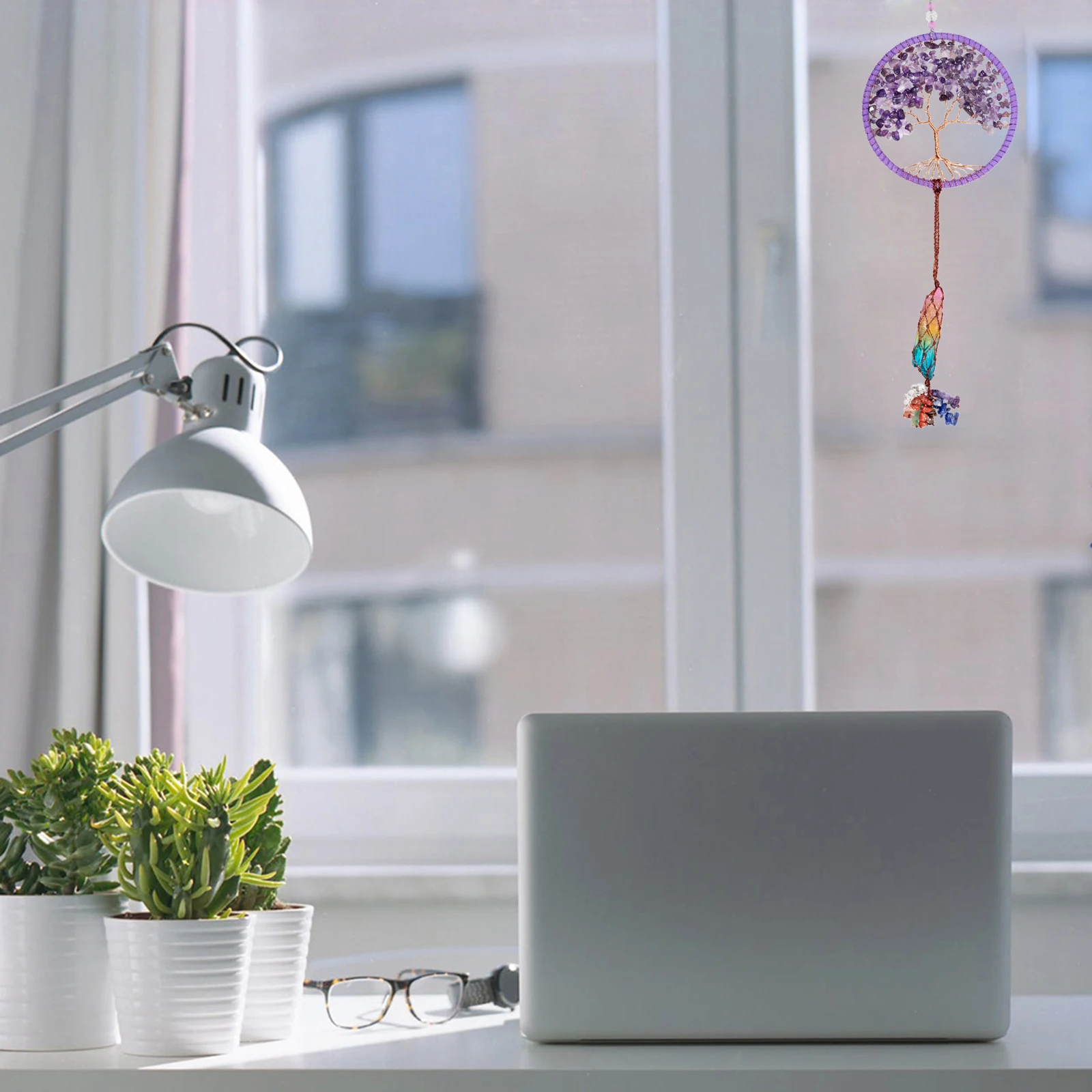 TUMBEELLUWA Healing Crystal Tree of Life Hanging Ornament,Rainbow Titanium Coated Crystal Wand with Stone Tassel for Home Decor