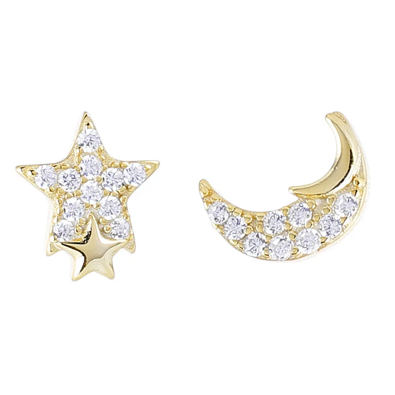 

Small 925 Sterling Silver Earrings for Women Exquisite Micro Zircon Star Moon Asymmetrical Stud Earring Simple Fashion Jewelry