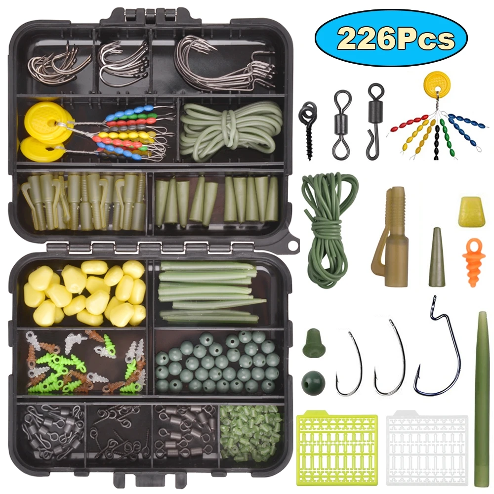 

226Pcs/Box Carp Fishing Tackle Accessories Kit Including Anti Tangle Sleeve Tail Rubber Hook Stop Beads Boilie Bait Screw