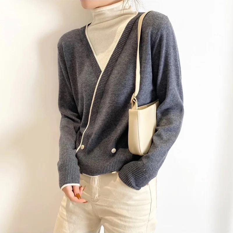 

2021 Spring Autumn New Color Matching Turtleneck Sweater Women Wool Fake Two Piece Knitted Bottoming Shirt Top Jumpers Pullovers