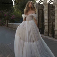 booma dotted tulle beach wedding dresses off the shoulder boning a line bridal gowns with bow belt open back long bride dresses