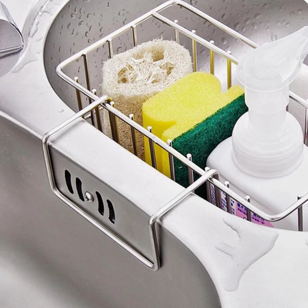 

Stainless Steel Sink Caddy Kitchen Storage Basket Hanging Organizer Drain Rack for Cleaning Cloth Brush Sponge