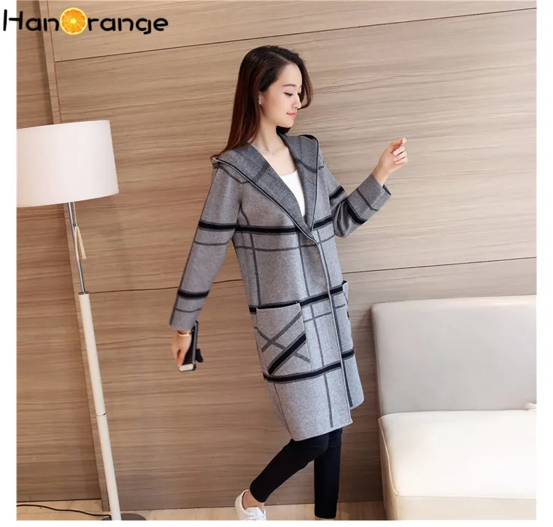 HanOrange 2021 осенний Свободный Длинный свитер зимний женский клетчатый кардиган с
