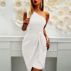 Элегантное наклонное женское платье с открытыми плечами, однотонное платье без рукавов с поясом для гостей свадьбы, коктейльное вечерние, облегающее мини-платье A40