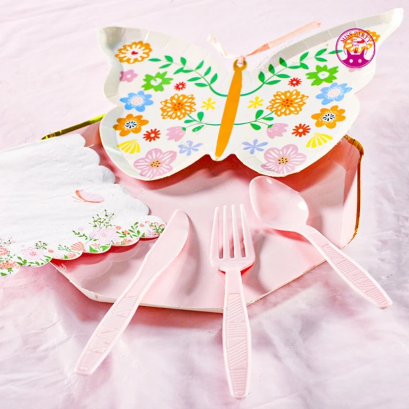 

2021 NEW Design Disposable Tableware Butterfly Shape Plates Forks Spoons Cups Napkins Knives Tablecloth For Birthday Party