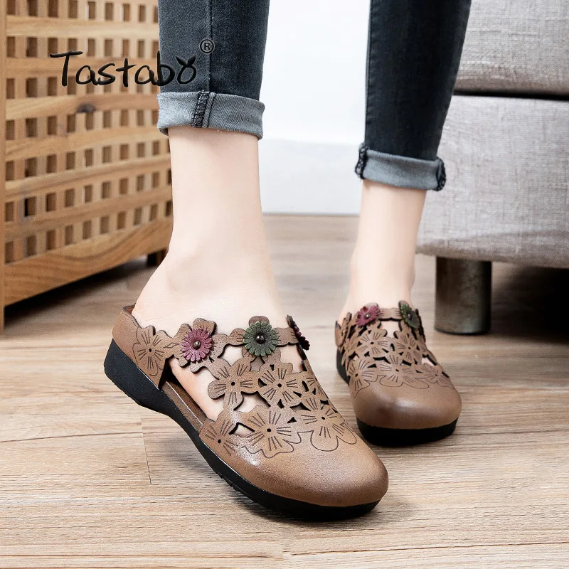 Женские шлепанцы из натуральной кожи винтажные уличные на плоской подошве