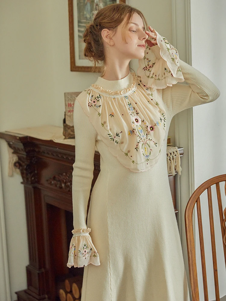 Autumn Spring Original Design Women Mori Girls Vintage Flare Embroidery Slim Knitted Long Pullover Embroidered Jumper Dresses