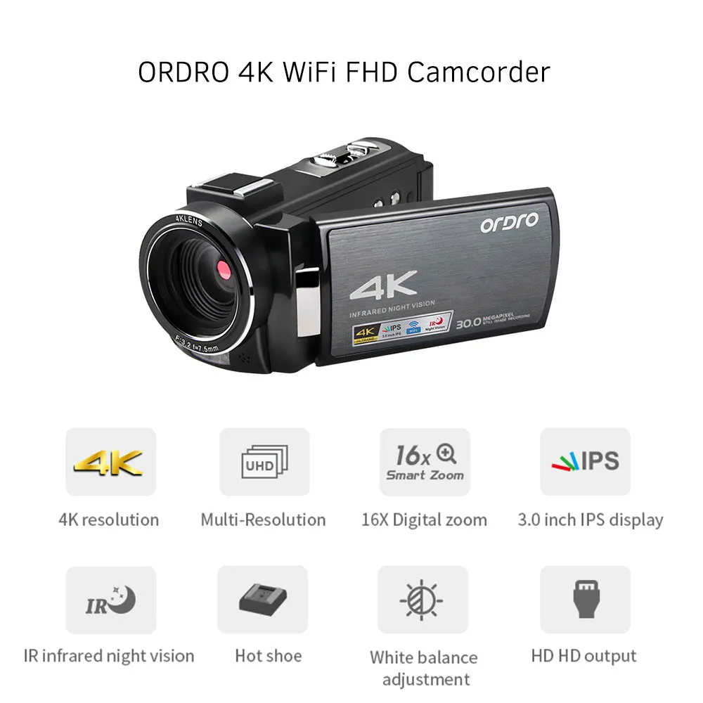 ORDRO 4K WiFi Digital Video Camera Camcorder fotograficas DV 30MP 16X Zoom IR Night Vision photography accessories | Электроника