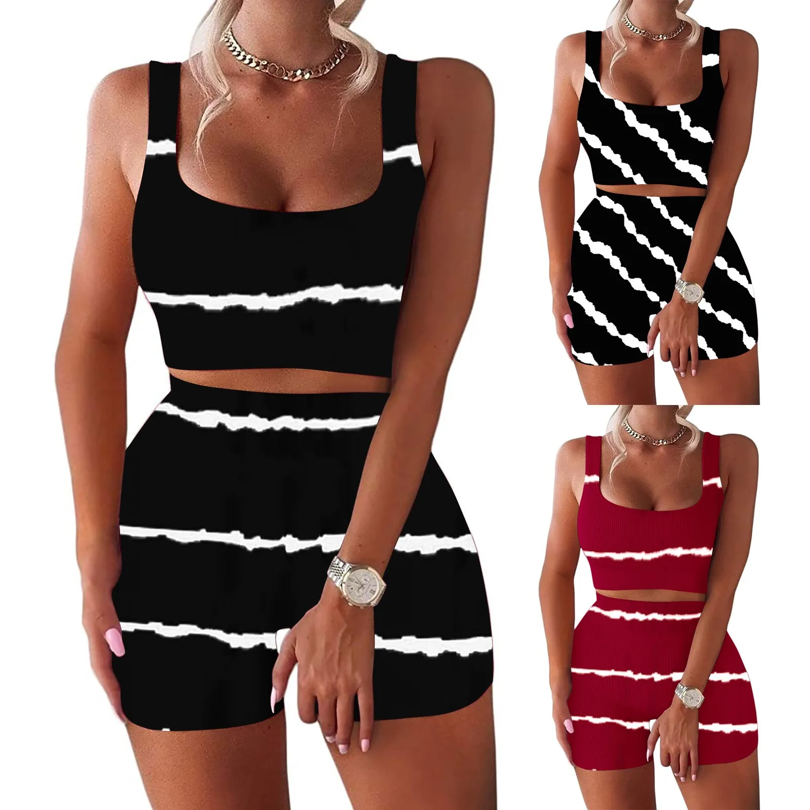 

Fashion Women Two Piece Tracksuit Outfits Summer Lady Girls Breathable Striped Print Tank High Waist Shorts Sports Sets 2021 A40