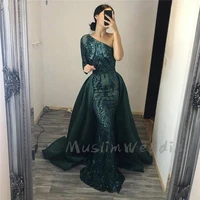 shiny one shoulder evening dresses with detachable train sequined appliques long sleeves mermaid prom dress african green party