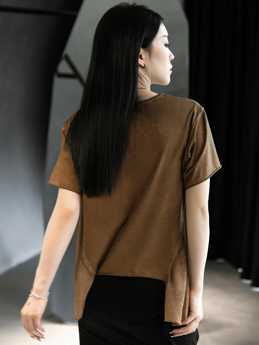 

SuperAen 2021 Summer New Original DesignerS Make Old Silk Irregular Short-Sleeve Solid T Shirt Women Tops
